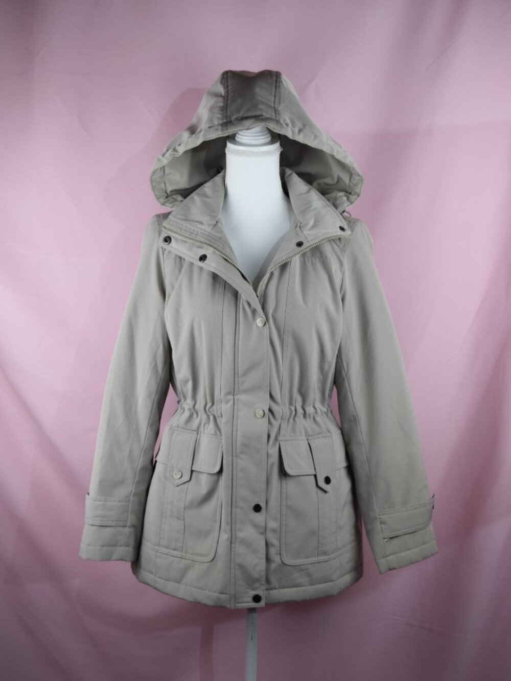 London Fog Beige/Gray Hooded Drawstring Waist Utility Jacket | Size S - Picture 3 of 8